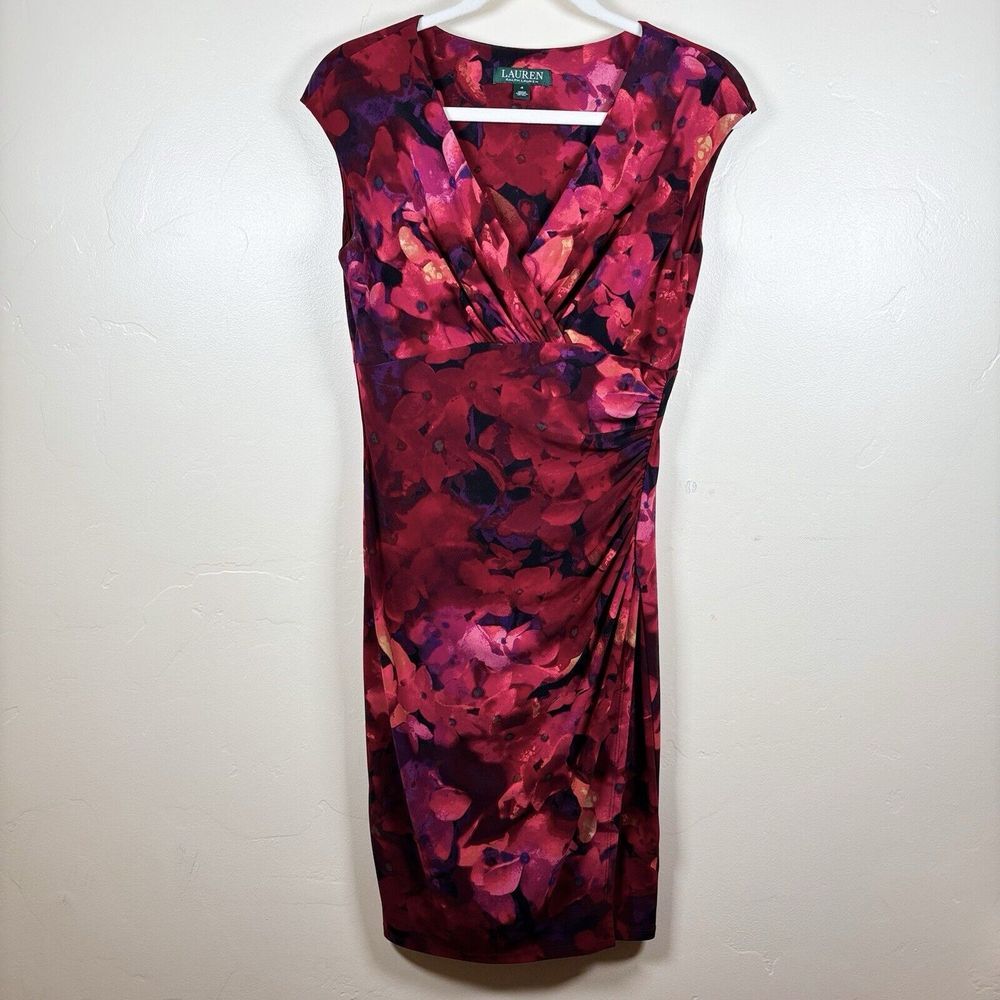 Lauren Ralph Lauren Dress Sz 4 Red Dark Floral Faux Wrap Midi Ruched Stretch